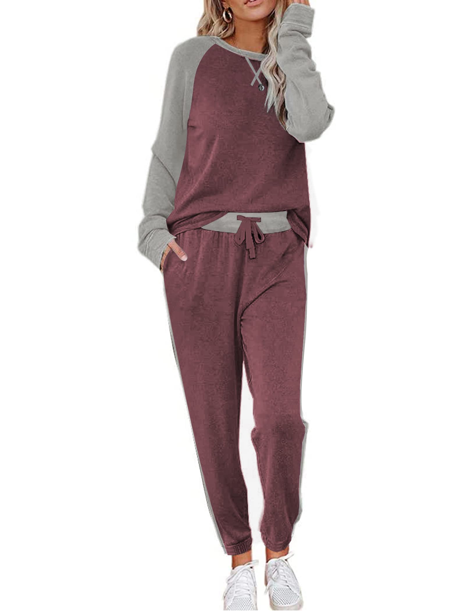 Ekouaer Ensembles de Pyjama Femme à Manches Longues Hiver Vêtements de Nuit à Col Rond Couleur Contrastée S-XXL