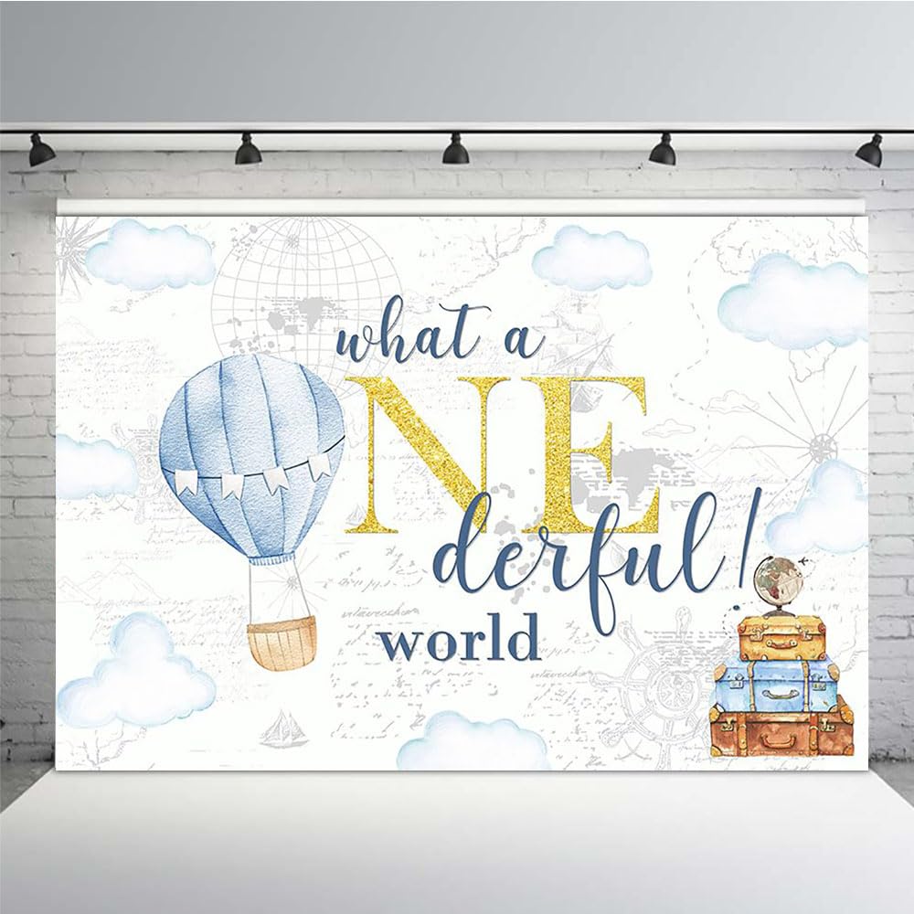 MEHOFOND 7x5ft Adventure Happy Birthday Backdrop What a Onderful World Clouds Map Photography Backdground for Boys Happy 1st Birthday Party Banner