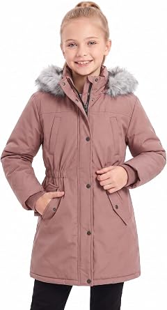 Girls Winter Jacket Fleece Lined Water-Resistant Warm Coat | Faux Fur Hood, Ribbed Cuffs, 2 Pockets, 100% Polyester, Windproof front, Mid-Length, Machine Wash