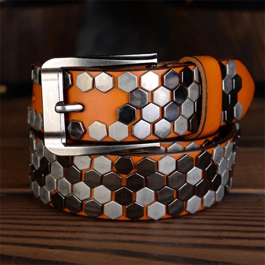 Men 3.8cm Rock Punk Belts Geometry Pattern Rivet Studded Belts Leather Hip Pop Jeans Decorative Belt2