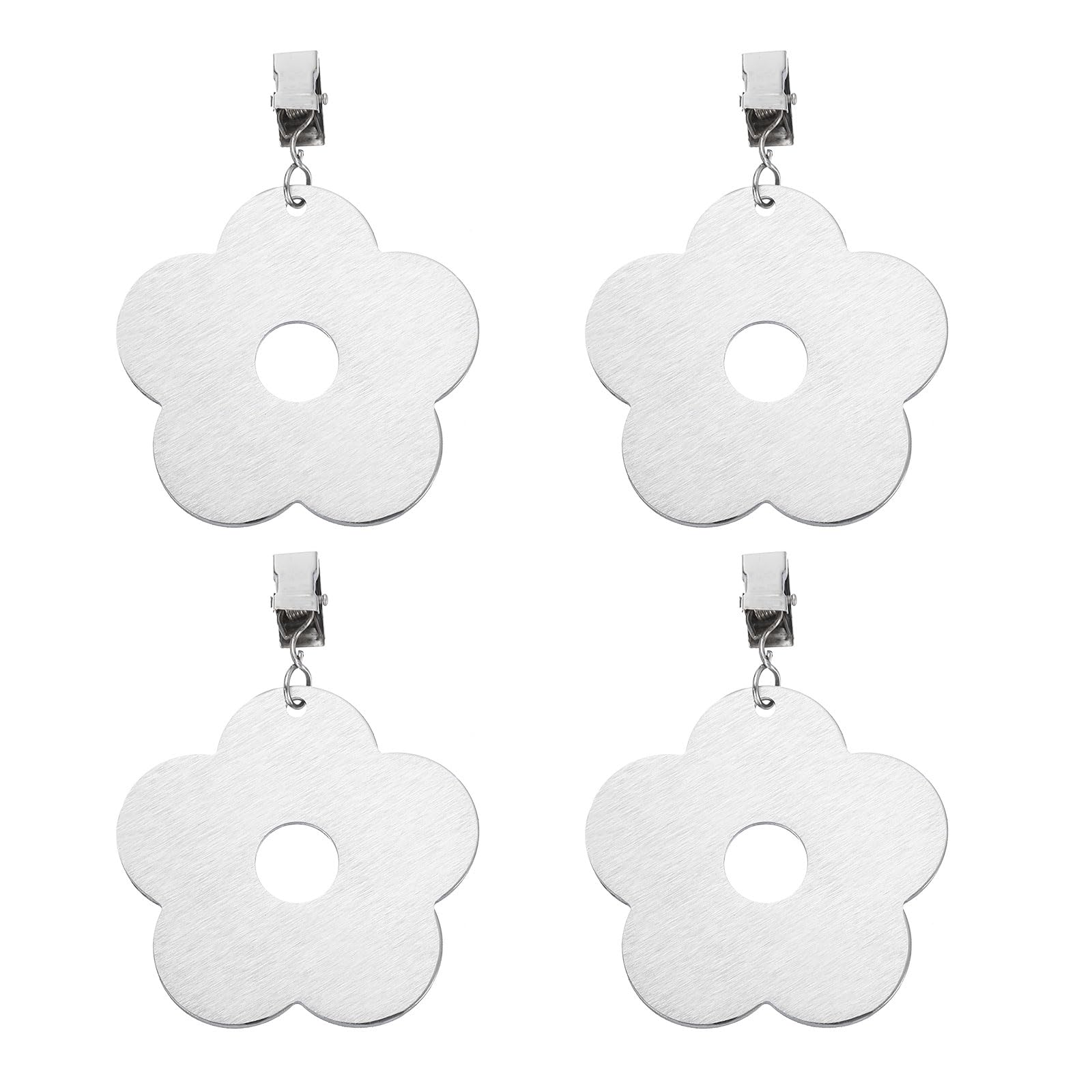 sourcing map 4Pcs Tablecloth Weights, Stainless Steel Table Cover Weights with Metal Clips, Flower Shape Tablecloth Pendant 6.8 x 6.8cm for Outdoor Picnic Garden Table Decoration, Silver