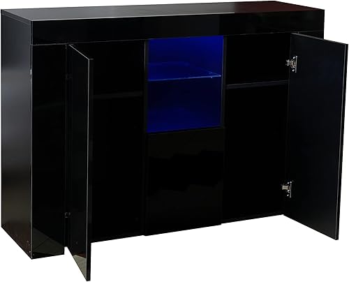 Miniatura 8 de ME2 Armario de madera con luz LED, armario de almacenamiento de buffet blanco de alto brillo para comedor, pasillo, sala de estar, soporte de TV,