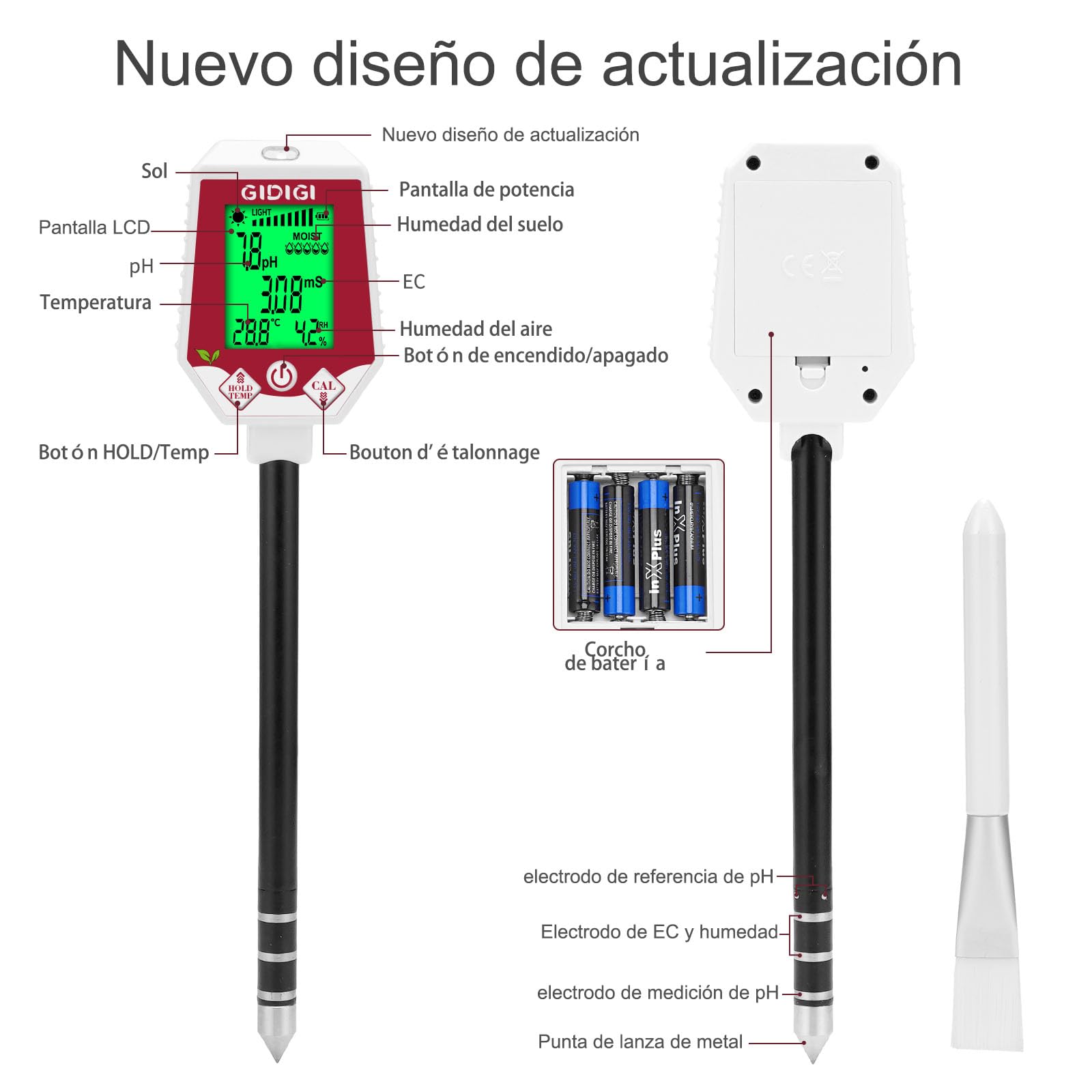 Medidor de pH y Humedad del Suelo 6 en 1, Monitor de Humedad de Plantas, medidor Digital de Humedad del Suelo para Plantas, Sensor para jardinería, Agricultura, Plantas de Interior y Exterior