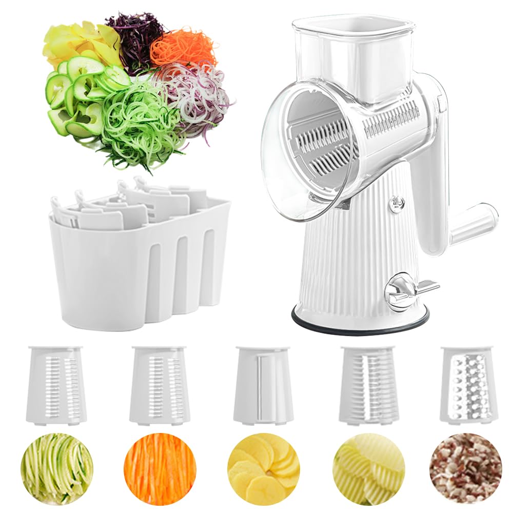 5 In 1 Cheese Grater, 2025 New 5 In 1 Rotary Cheese Grater Vegetable Slicer with 5 Blades, Multifunction 5 in 1 Food Chopper for Cheese, Vegetables