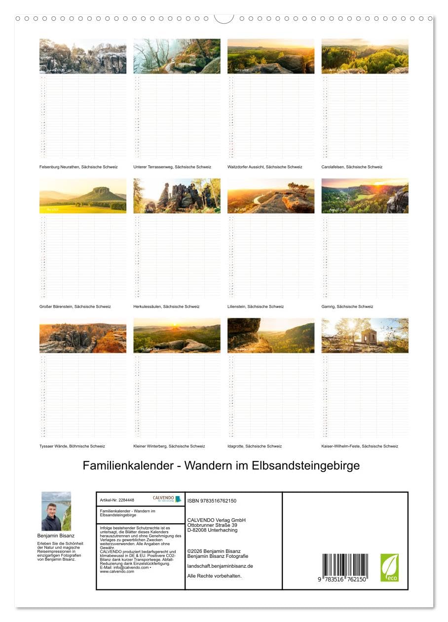 Familienkalender - Wandern im Elbsandsteingebirge (hochwertiger Premium Wandkalender 2027 DIN A2 hoch), Kunstdruck in Hochglanz: Impressionen aus der ... Schweiz mit Ortsangaben (CALVENDO Natur)
