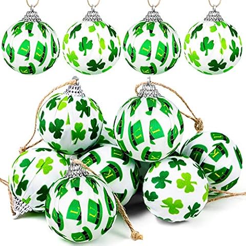 St. Patrick's Day Hanging Ornament, Green Shamrocks and Hat Fabric Wrapped Balls for St. Patrick's Day Hanging Decorations, 12 Pieces Cover