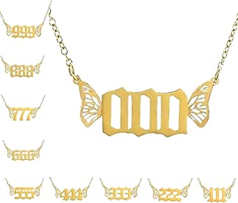 Butterfly Angel Wing Number Necklaces Pendants for Women Girls，Lucky Dainty Gold Silver Numerology Choker Chain 000 111 222 333 444 555 666 777 888 999 Jewelry for Teen Birthday Gifts-Gold