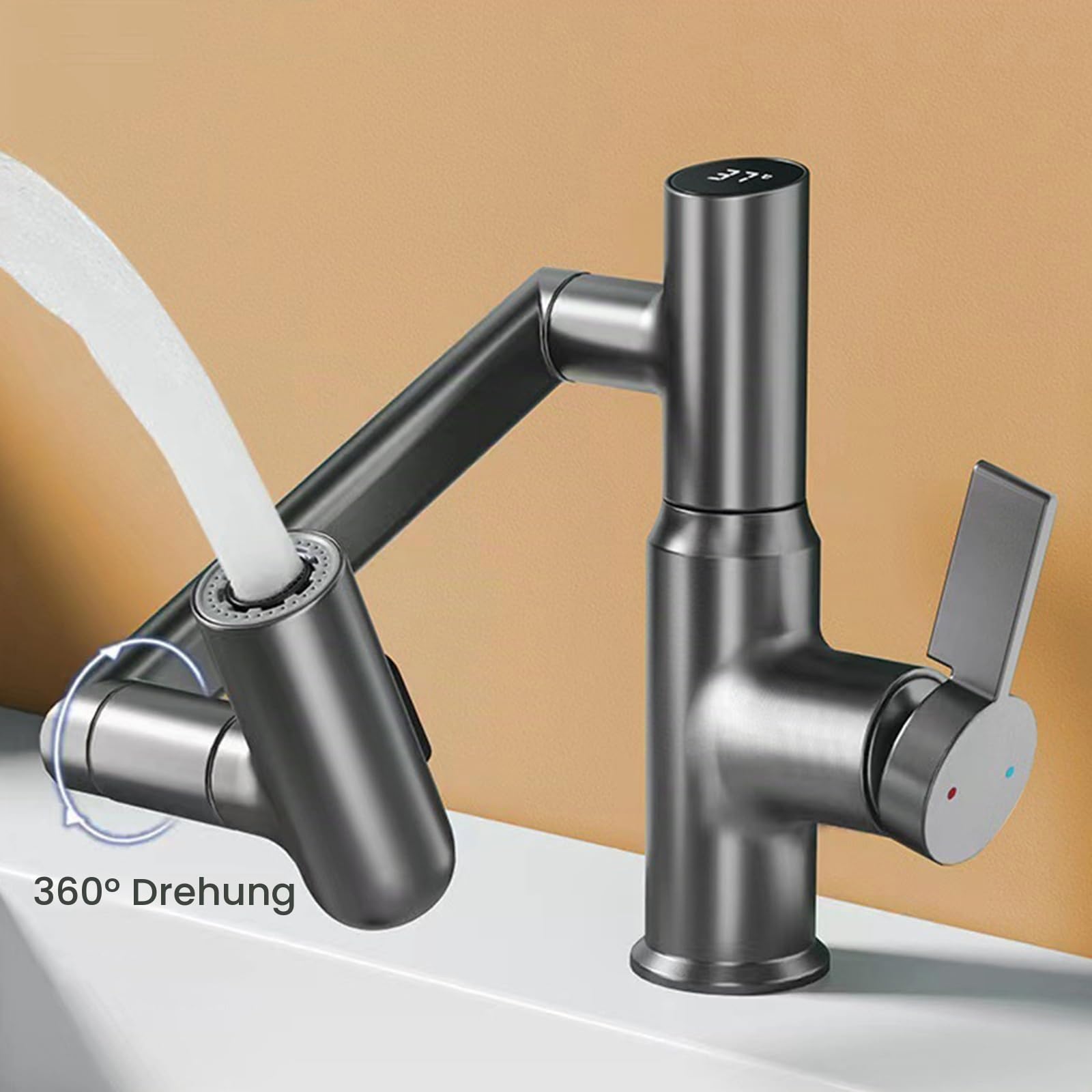 Wasserhahn, LED Temperaturanzeige, Drehbarer Multifunktionshahn, Spültischarmatur(3/8 Schnittstelle)