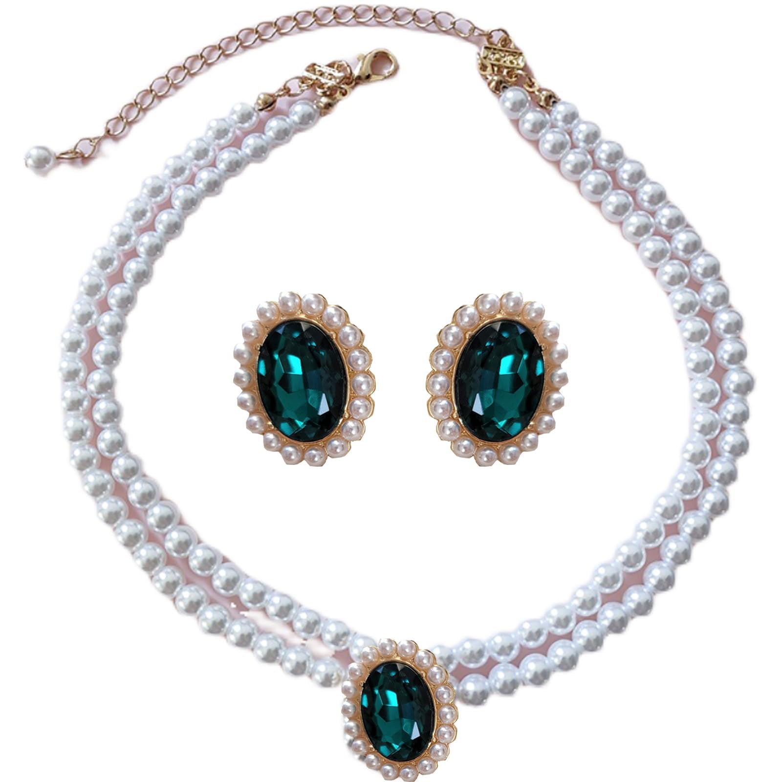 Dcfywl731Emerald Pearl Necklace Earrings Set Layered Pearl Choker Necklaces Pearl Stud Earring for Women Emerald Choker Necklace Earring for Girls Ladies Gifts, Adjustable, Zinc, No Gemstone