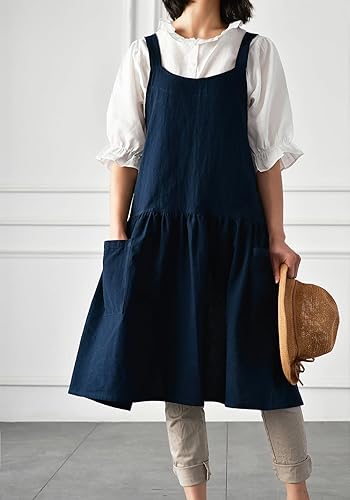 Miniatura 2 de NEWGEM Delantal de lino y algodón con espalda cruzada para mujer, con bolsillos para cocinar, hornear, color azul marino con lazos en la cintura