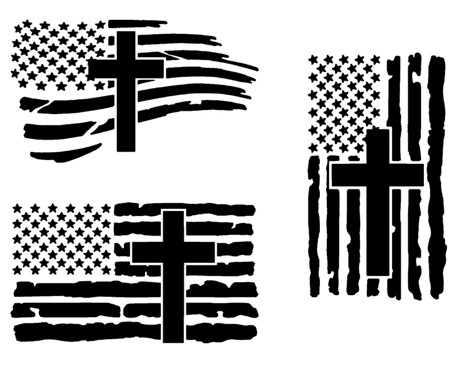 American Flag with Cross Vinyl Decal 3 Pack: Christian Jesus US Flag Decals for Cars, Trucks, Laptops, Window Decals (Black, Small ~4")