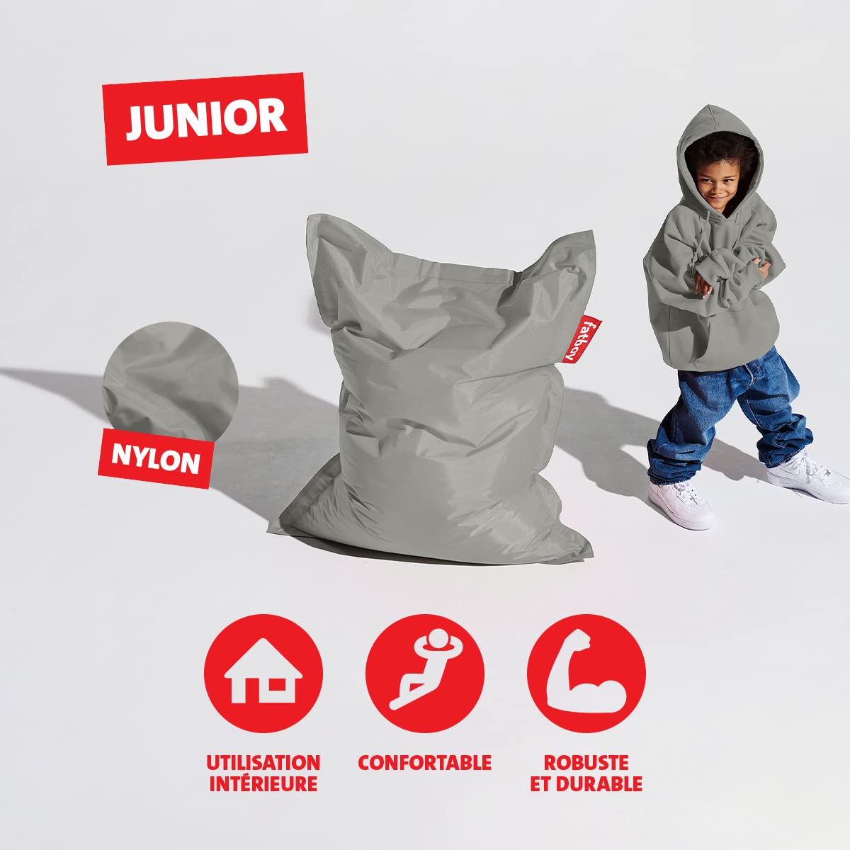 Fatboy Original Pouf Enfant - 100 x 10 cm - Argent | Fauteuil Enfant Robuste et Durable pour l'Intérieur - Fauteuil Pouf en Nylon - Bean Bag Confortable et Rechargeable