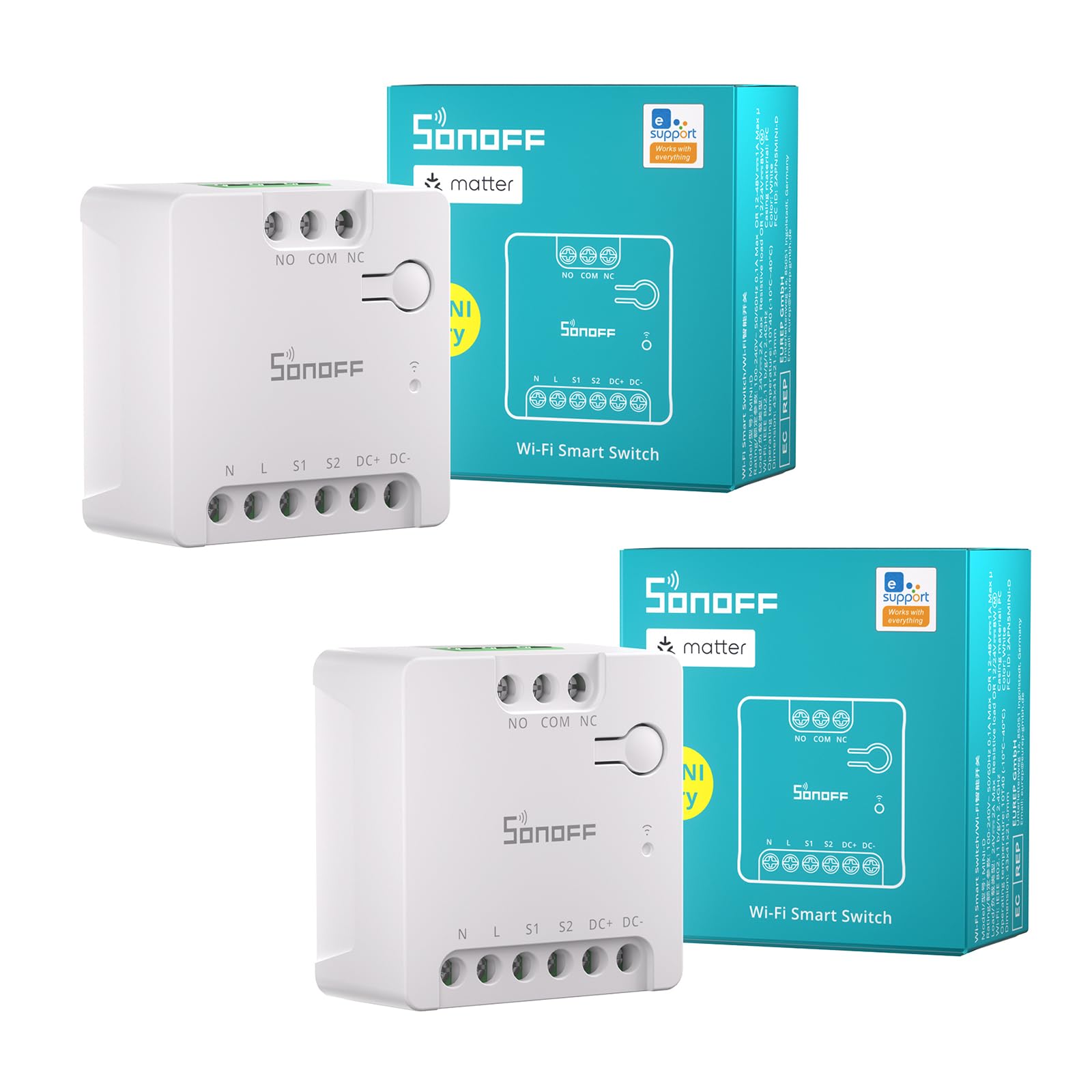 SONOFF MINI-D Interrupteur Connecté WiFi avec Matter, 2 Pack, Supporte l'entrée AC ou DC, Contact Sec, Compatible avec Alexa/Google Home, Convient Aux Portes de Garage, Chaudières, Système d'accès