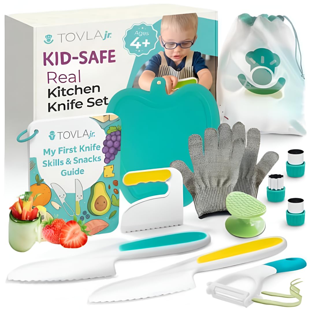 Tovla Jr. Ultimate Montessori Kids Cooking Gift Set – Real Knife, Chopper, Safety Gloves, Peeler, Cutters, Cutting Board & Recipe Cards – Ages 4–10