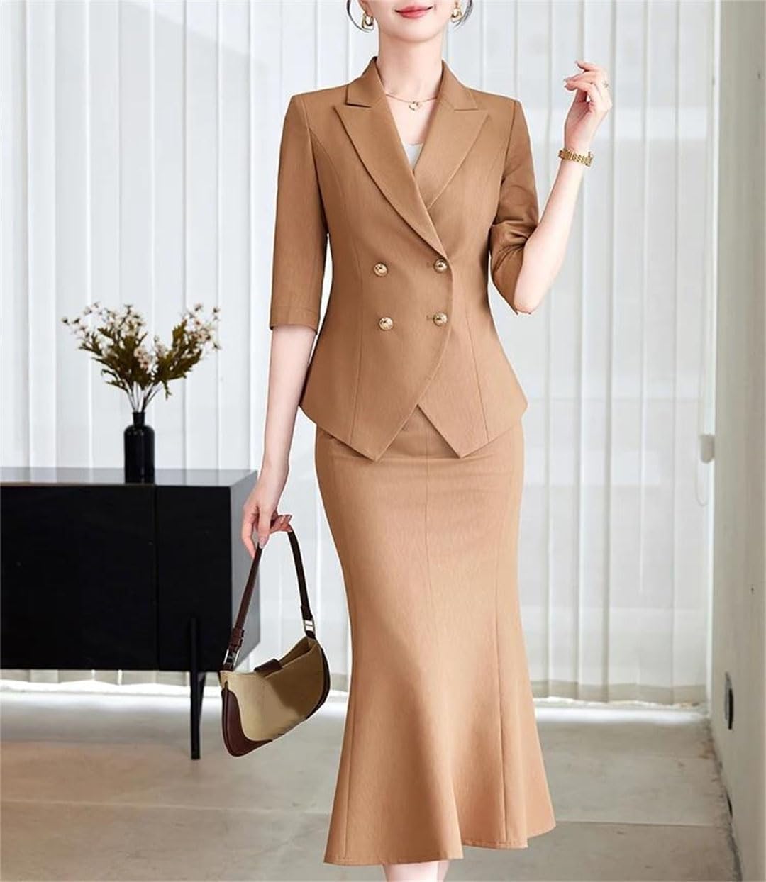 Women's Notched Collar Shrug Half Sleeve Double Breasted Coat Mid Calf Trumpet Skirt Patchwork Professional Work Outfit