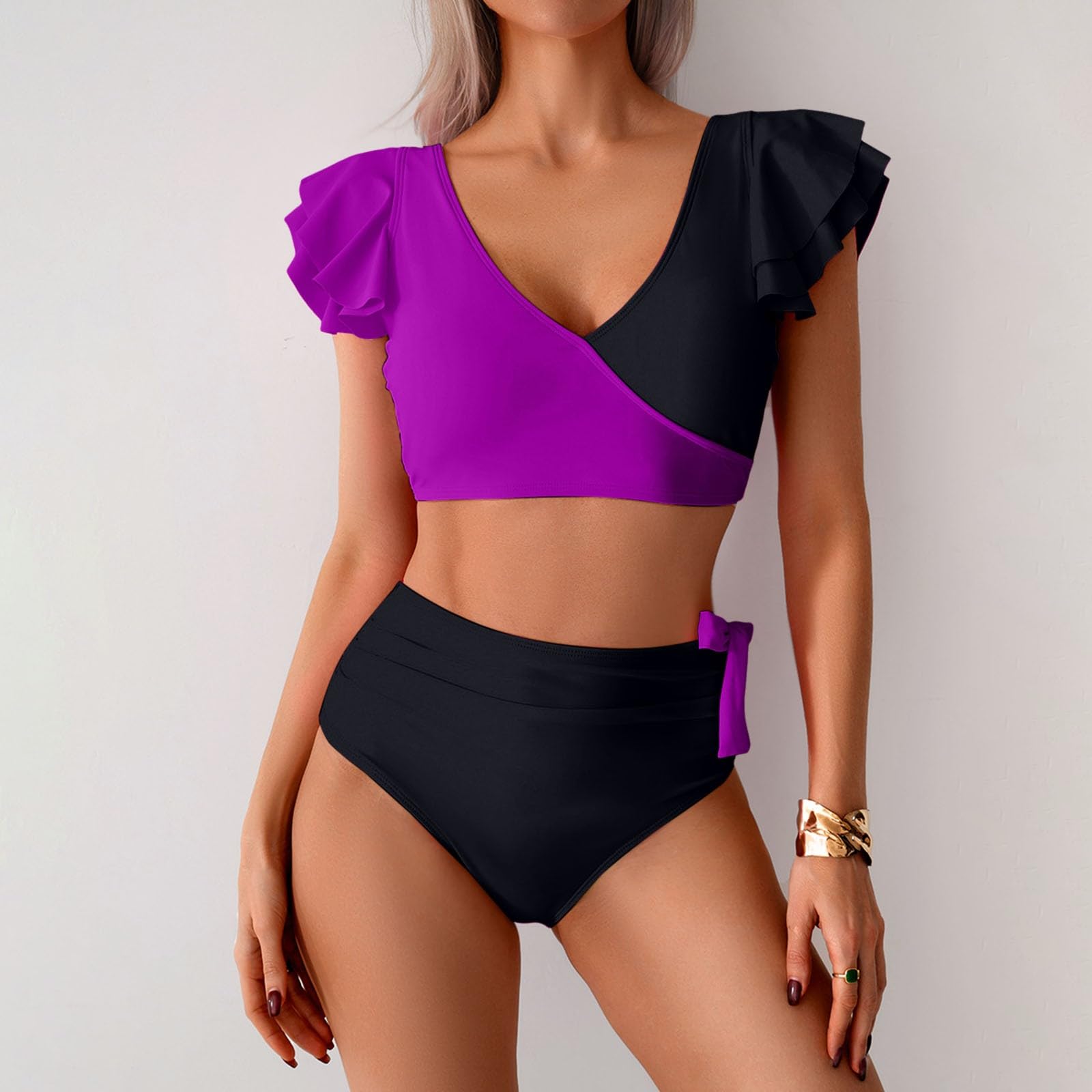 Bikinis para mujer, bikini sexy dividido con mangas en V altas y profundas, conjunto de dos piezas, rosa, L