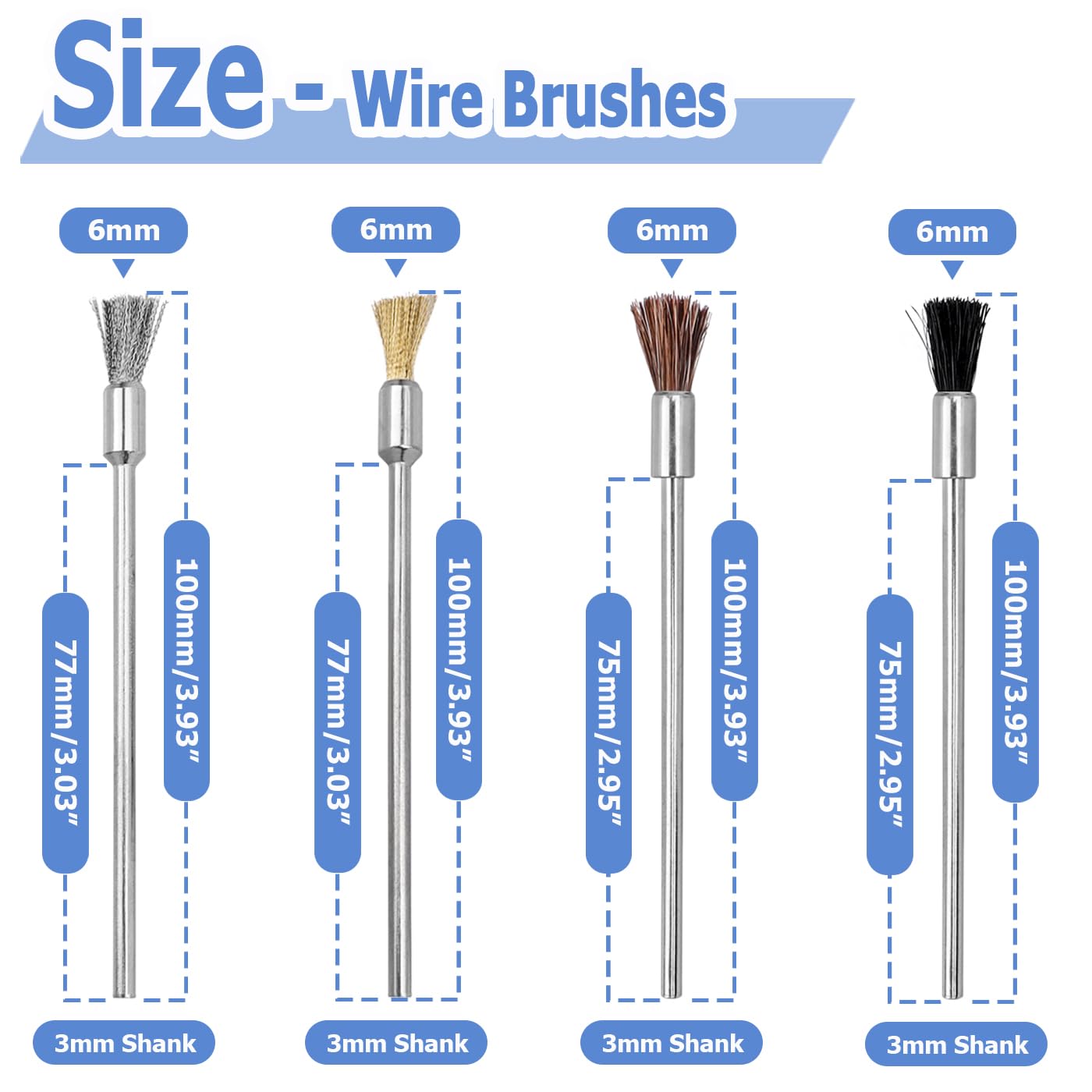 Mesee 20Pcs Wire Brushes for Drill, 100mm Extended Cleaning End Brushes Pen Assortment Set Horse Mane/ Pig Bristle/ Copper Wire/ Stainless Steel Wire Brush 3mm Mandrel Polishing Rotary Tools Accessory