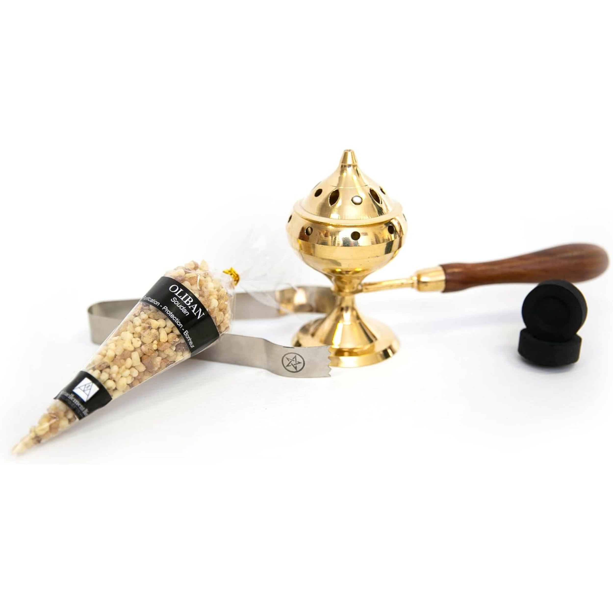 Räucherstäbchen-Set Bronze mit Holzgriff + 10 Kohlen + 1 Zange + 1 Set Weihrauchharz (Oliban)