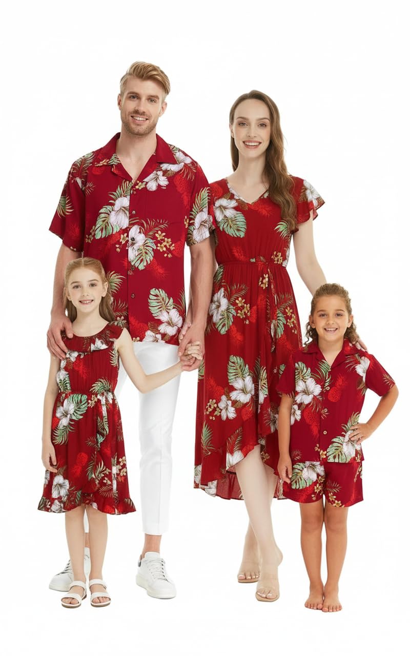Matchable Family Hawaiian Luau Men Women Girl Boy Clothes in Pineapple Garden Burgundy