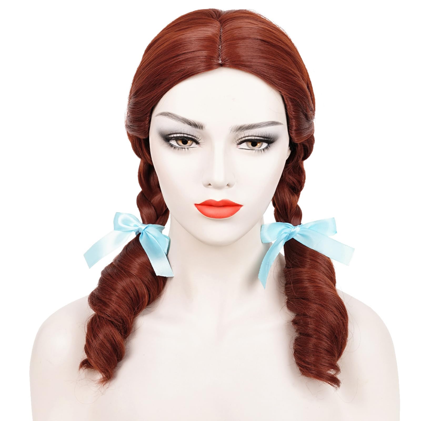 Wiggy Mermaid Reddish Brown Braided Wig for Women Adult, Long Brown Braids Wig with Blue Ribbons Wig Cap Fairy Tale Cosplay Wigs for Halloween Costume