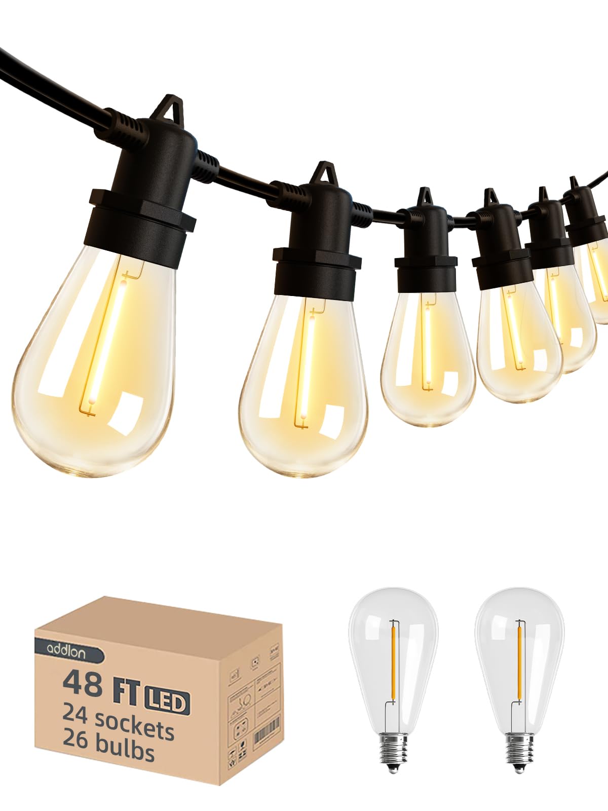 addlon 48FT(2FT Space) LED Outdoor String Lights with 24 Edison Shatterproof Bulbs, Heavy-Duty and Weatherproof Strand, Commercial Grade Patio Lights, Decorative for Garden or Patio, Black