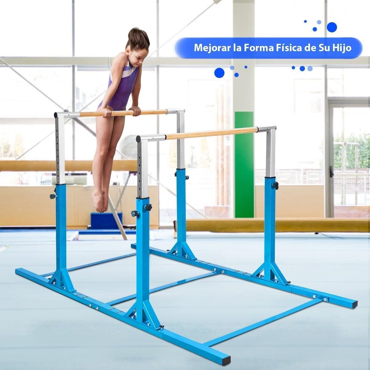 GOPLUS Barra de Gimnasia Artística para Niños, Paralelas Gimnasia Artística con Altura Ajustable de 96 cm a 140 cm en 11 Niveles, 6+ Años, Capacidad hasta 120 KG