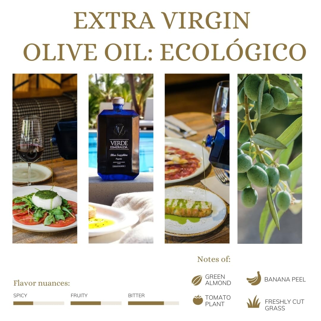 Verde Esmeralda Picual Organic Extra Virgin Olive Oil – Cold Pressed Spanish Gourmet EVOO – Infused Almond, Tomato & Olive Flavor – 17oz Blue Sapphire Glass Bottle – High Polyphenol Gift