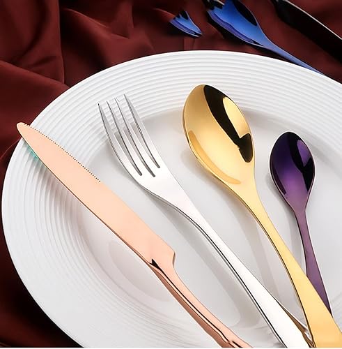 Miniatura 4 de Juego de cubiertos plateados para 8, juego de cubiertos de 32 piezas, incluye cuchillo, tenedorcuchara, reutilizable, juego de cubiertos de acero