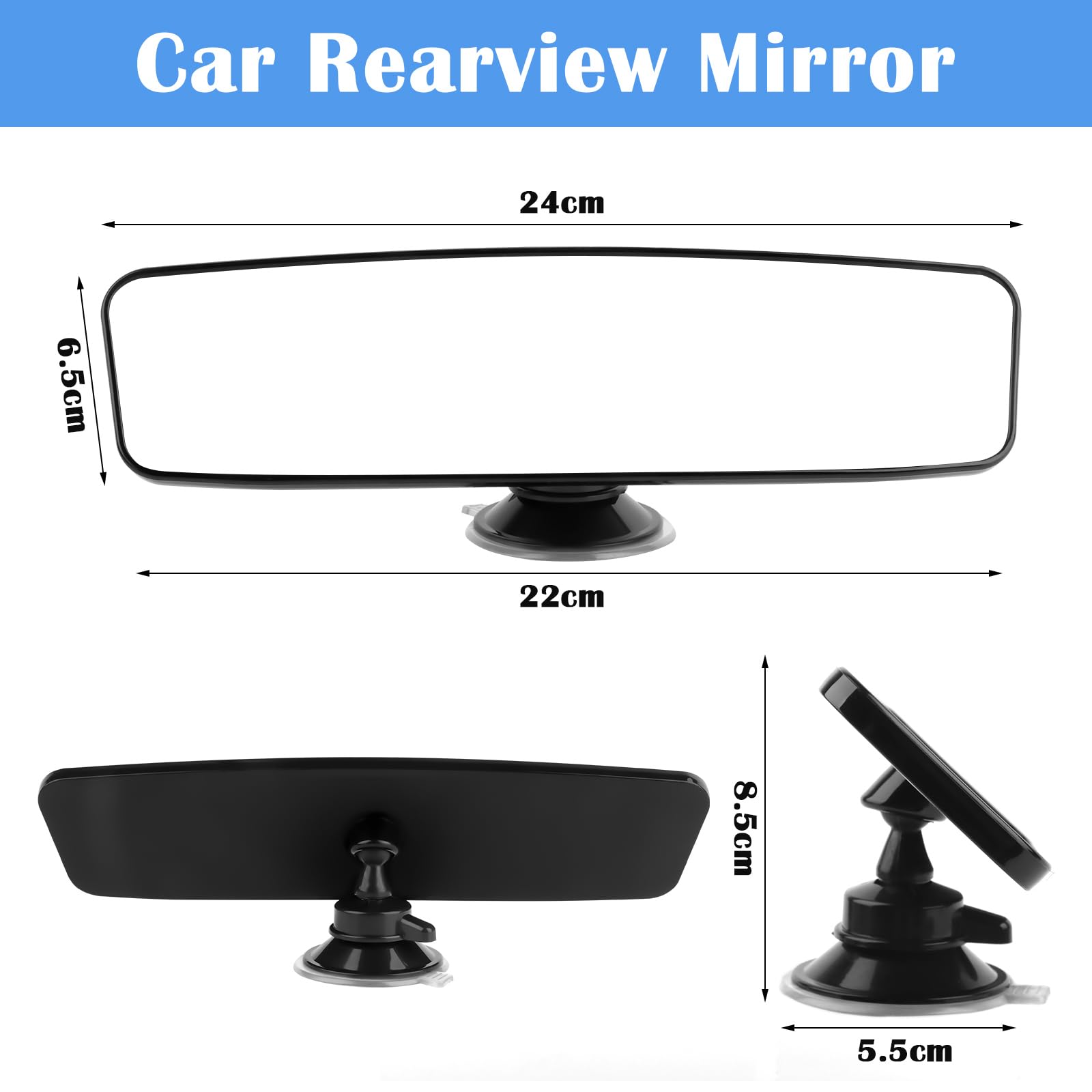 Specchietto Retrovisore Panoramico Per Auto - 24x6.5 Cm, Regolabile 360° Con Ventosa Forte - Foto 2