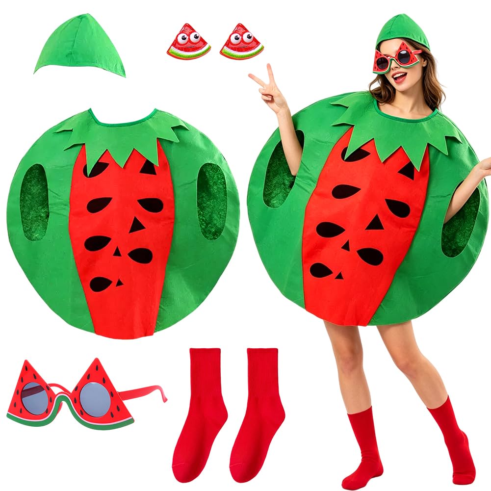 Watermelon Costume for Adults, Fruit Cosplay Outfit Glasses Earrings Socks