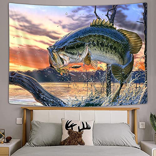 Rustic Cabin Tapestry Fishing Tapestries Natural Scenery Lake House Tapestry Wall Hanging, Bass Fish Out Of Ocean At Sunrise Wall Tapestry, Farmhouse Tapestry For Bedroom Living Room Dorm, 71X60In #TOP2