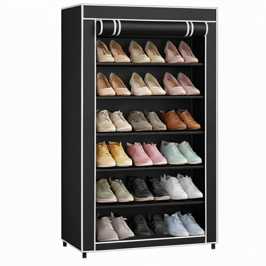 Black Shoe Rack with Cover | Plastic Rack 6 Shelves with Zip Cover & Side Pockets | Dustproof Multiuse Storage Organizer for Footwear, Toys, Shoe Rack Plastic, Slipper Stand