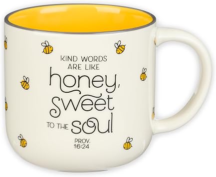 Christian Art Gifts Large Ceramic Coffee & Tea Mug for Women Kind Words are Like Honey Inspirational Bible Verse, Cute Microwave/Dishwasher Safe Bumble Bee Cup, Yellow/White, 15 oz.