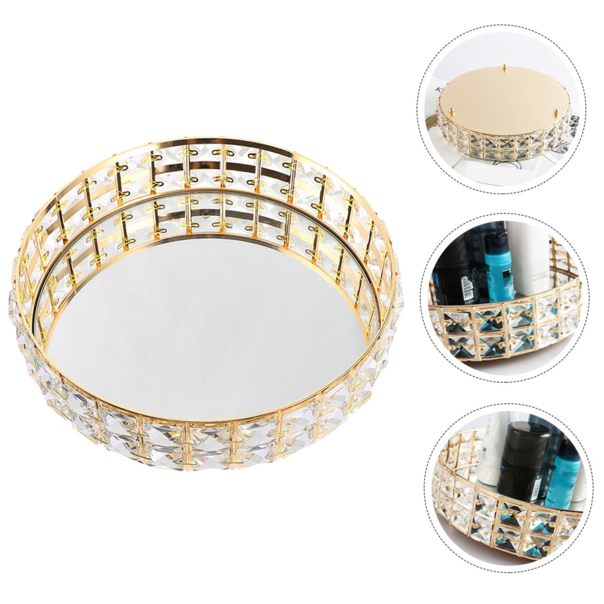 Sewroro Bandeja Decorativa Redonda Dorada para Decoración del Hogar, Espejo y Hierro, Almacenamiento para Joyas y Maquillaje, Diseño Moderno y Delicado