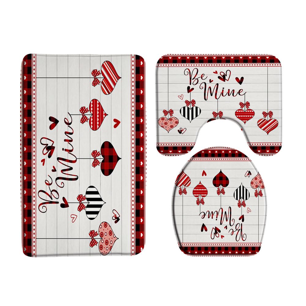 VPUPCN Valentine's Day 3 Pcs Bath Rugs Set,Buffalo Check Plaid Red Heart Romantic Love Sweet Couple Retro Cute Bathroom Kitchen Rug with 16