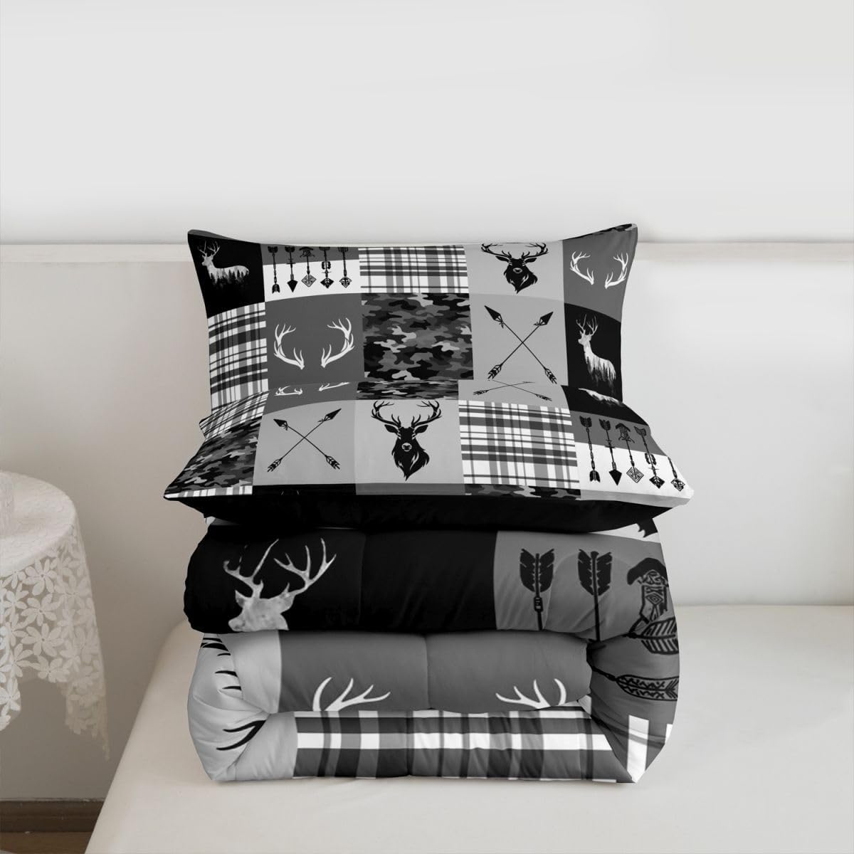 Feelyou Black White Camo Comforter Set Queen Size Deer Hunting Bedding Set for Kids Boys Girls Camouflage Duvet Quilt Antlers Bedroom Decor Microfiber 3 Pcs with 2 Pillow Cases