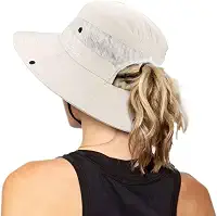 Chapéus de sol femininos dobráveis com proteção UV para uso ao ar livre, chapéu de pesca de praia de aba larga com buraco de rabo de cavalo