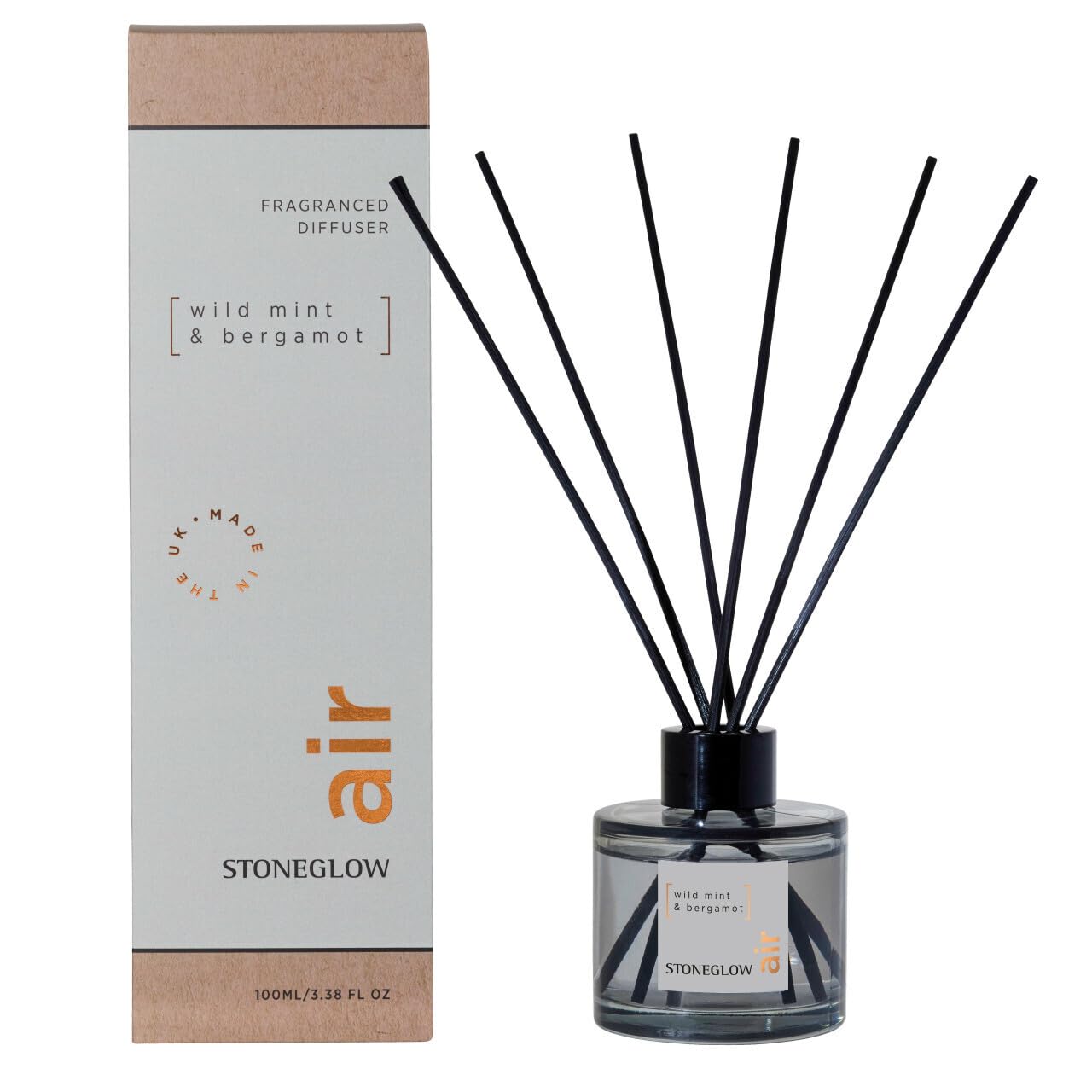 Stoneglow Elements Collection Air Wild Mint & Bergamot Reed Diffuser 100ml, Lasts 8 Weeks, 12 Rattan Reed Diffuser Sticks, Refillable & Reusable, Air Freshener for Home, Mint & Elderflower Fragrance