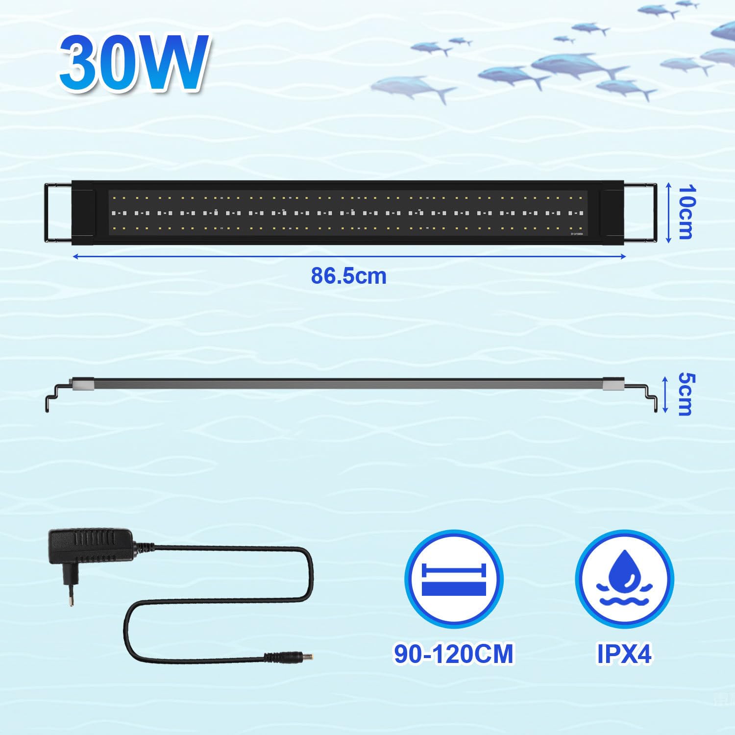 Aquarium LED Beleuchtung, 24/7 Vollspektrum Aquarium Licht, 10 Helligkeitsstufen Dimmbar, 30W Aquariums Pflanzenlicht mit ausziehbarer Halterung, für 90-120cm Fischtank