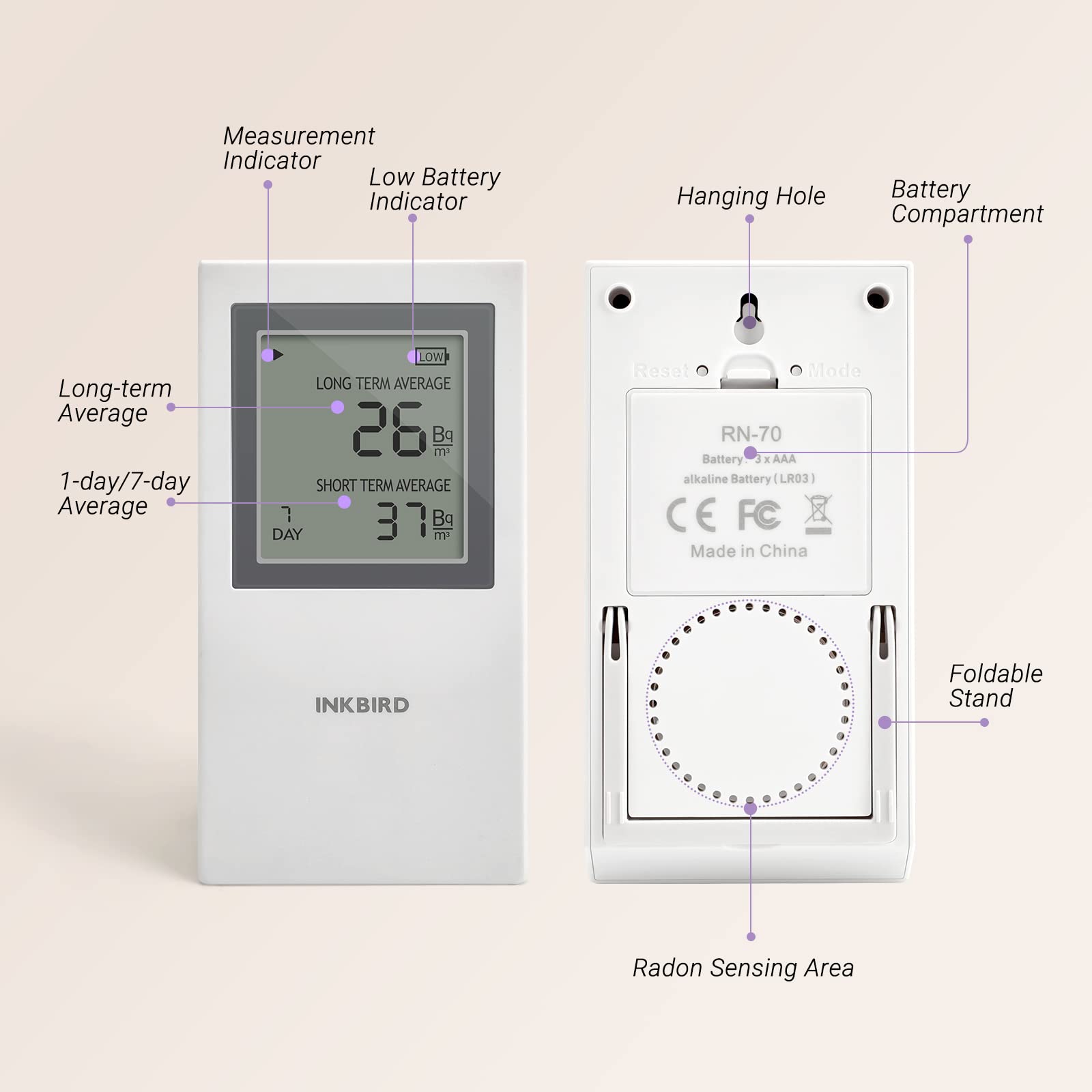 Inkbird Tragbarer Radon-Detektor – LCD-Display, Lang-/Kurzzeitwerte, Klappbarer Ständer & Aufhängeöse – Für Den Innenbereich