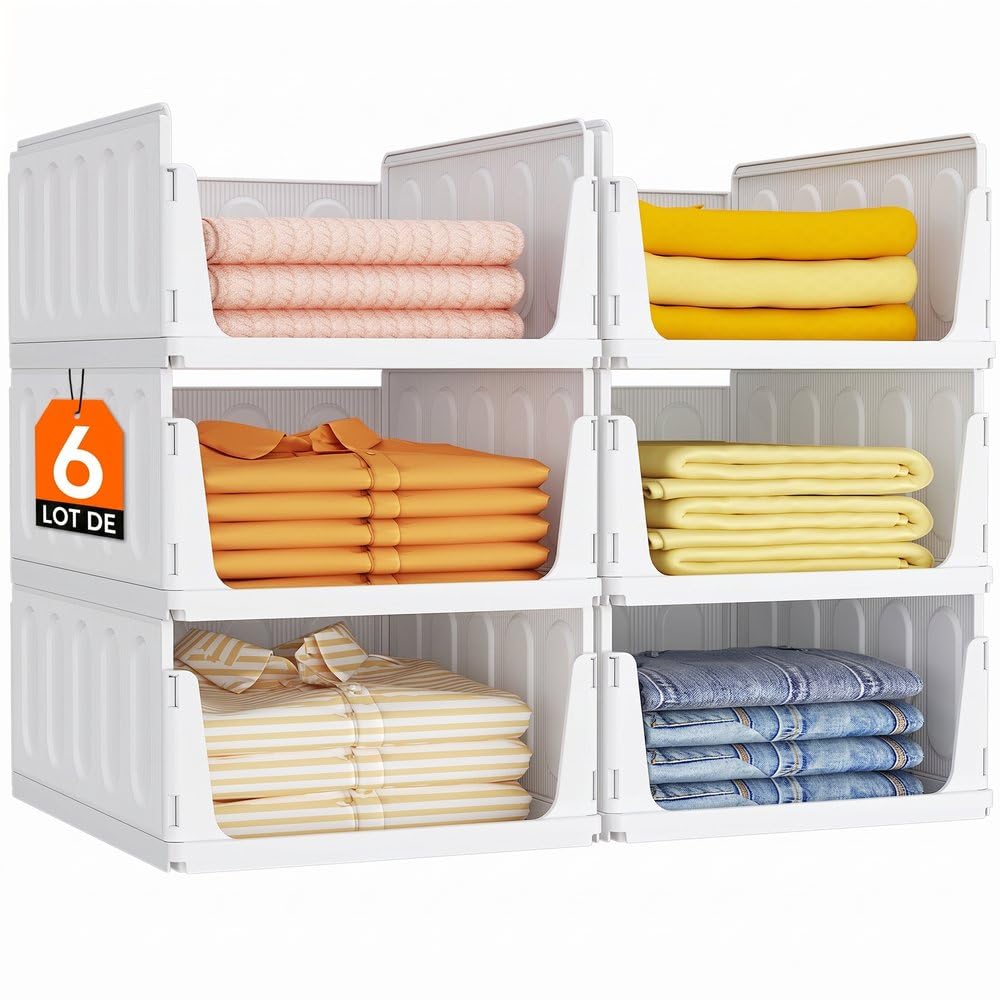 Lifewit Organisateur pour Vêtements et Penderies, Lot de 6 Boîtes de Rangement pour Placard, Cuisine et Camping, Accessoire Salle de Bain Pratique, Tiroirs Empilables pour Pantalons et T-shirts, 24L