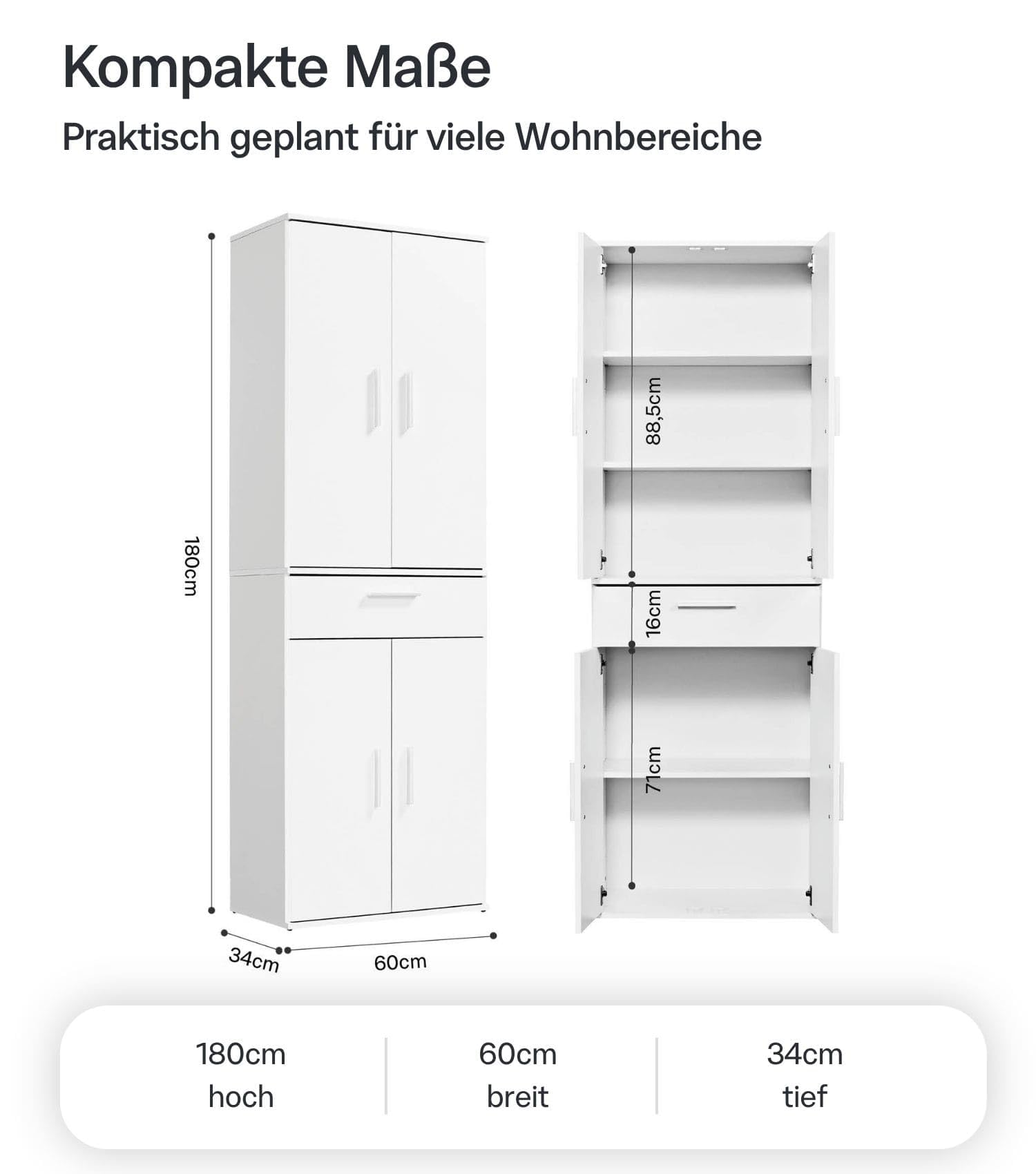 mokebo Mehrzweckschrank Büroschrank (60x180 cm) 'Der Praktische' Made in Germany aus Holz mit Schublade Aktenschrank auch als Schuhschrank Flurschrank Weiß
