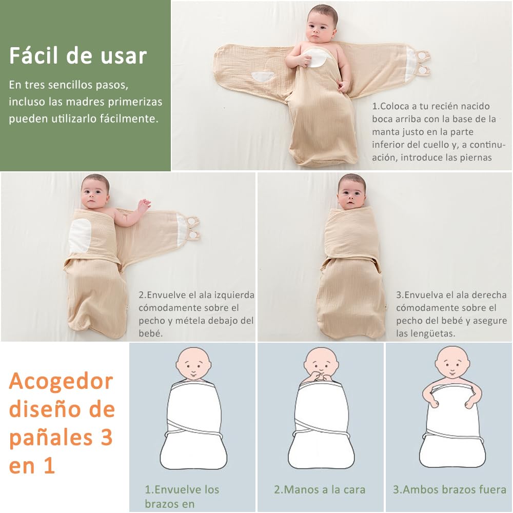 Bebé Mantas Envolventes, Bebé Swaddle Wrap Manta para 0-3/3-6 Meses Bebé, 3 in 1 Saco Dormir Bebe Orgánico Algodón, Mantas Envolventes Ajustable Ensanchar Velcro para Bebé (Caqui, 3-6 Meses)