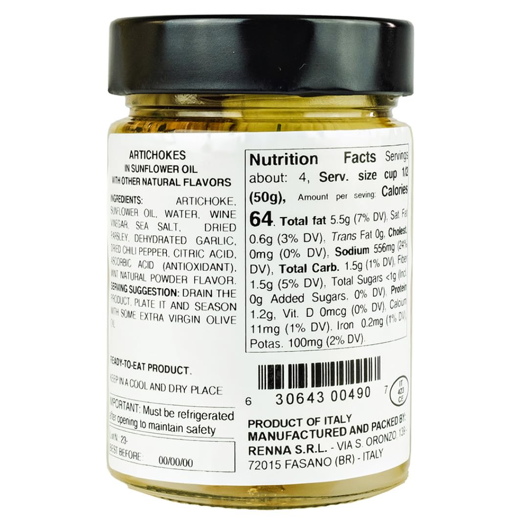 Renna, Artichoke Hearts in oil (10.58 oz), Italian, Whole Artichoke Hearts, A Taste of the Mediterranean Excellence, Renna Delicacies