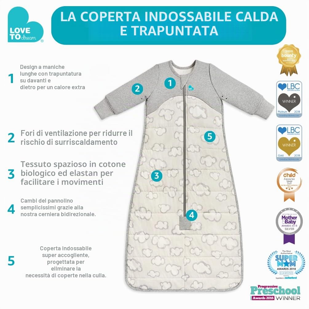 Love To Dream sacco nanna, 18-36 mesi - Grigio Polo Sud | Maniche lunghe, coperta e trapunta indossabile | 2,5 Tog per autunno e inverno (16–20°C) | Cotone e doppia cerniera