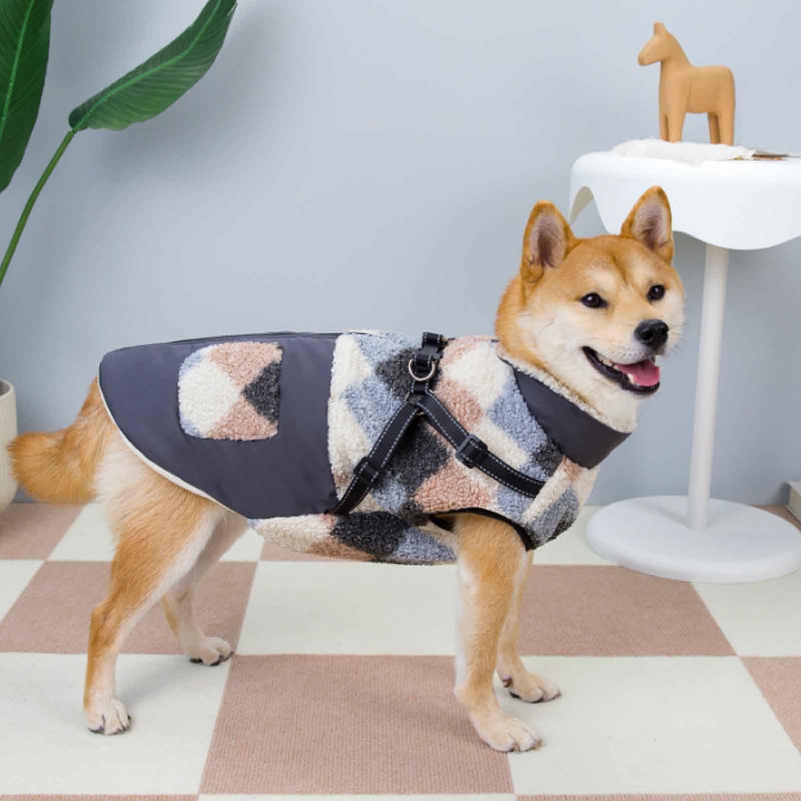 Hundejacke Wintermantel Mit Geschirr, Warmes Fleece, Winddicht, Reflektierende Weste, Geeignet Für Mittelgroße Und Große Hunde Spaziergänge Im Freien,Beige,5XL