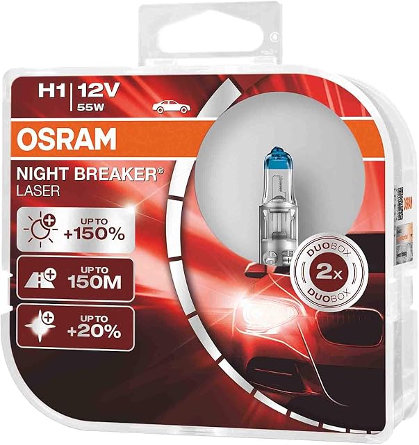 OSRAM NIGHT BREAKER LASER H1, +150% more brightness, halogen headlight lamp, 64150NL-HCB, 12V, duo box (2 lamps)