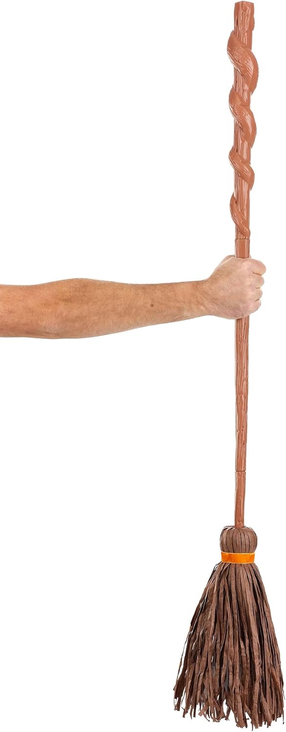 Spiral Witch Broom for Halloween - 3 Piece Plastic Broomstick with Raffia and Poly Wrap, 52 Inches - Brown