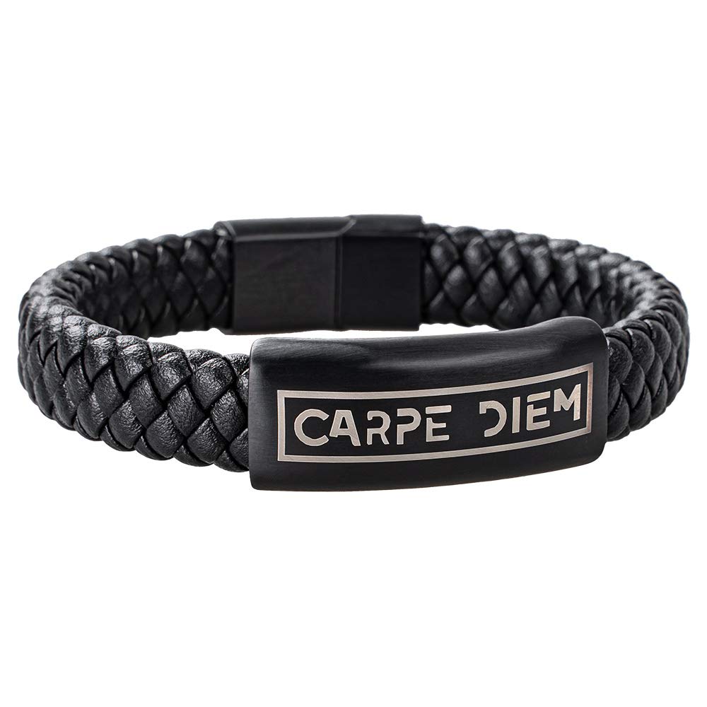 HOOF Armband Männer I Herren Echt-Leder Schmuck I Schwarz geflochten Armreif mit CARPE DIEM Gravur| Edle Box Schachtel | Personalisierte Geschenkidee Vatertag, Weihnachten, Freunde, Partner, bis XXXL