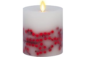 Flameless LED Candle Rowan Berries Embedded Real Wax Moving Flame Pillar